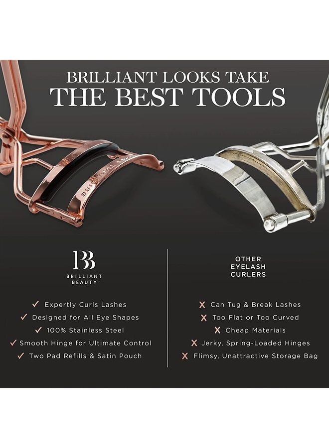 Brilliant Beauty مكبس رموش مع حقيبة ساتان ووسادات إعادة تعبئة - فائز بجائزة - بدون قرص، فقط رموش مجعدة بشكل دراماتيكي لرفع الرموش في ثوانٍ (ذهب وردي) - Image 5