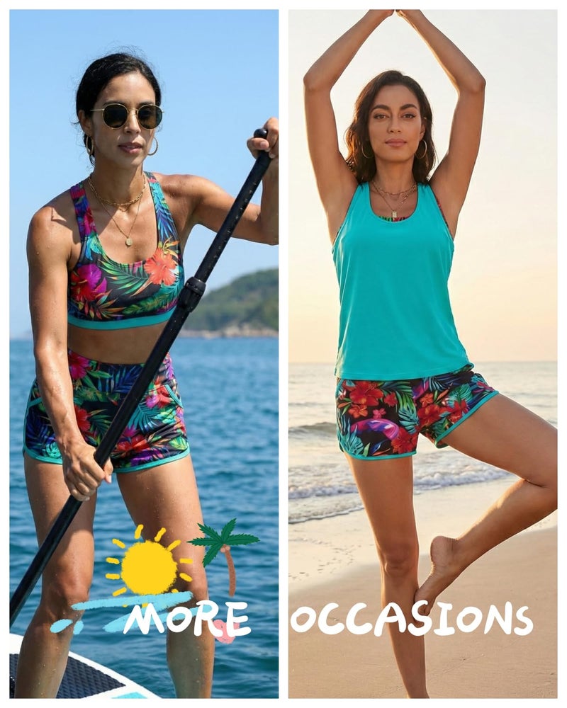 Talisea 3 Piece Tankini with Shorts - Modest Swimsuit Tummy Control Bathing Suits Athletic Sports Bra Swimwear with Pockets - Image 4