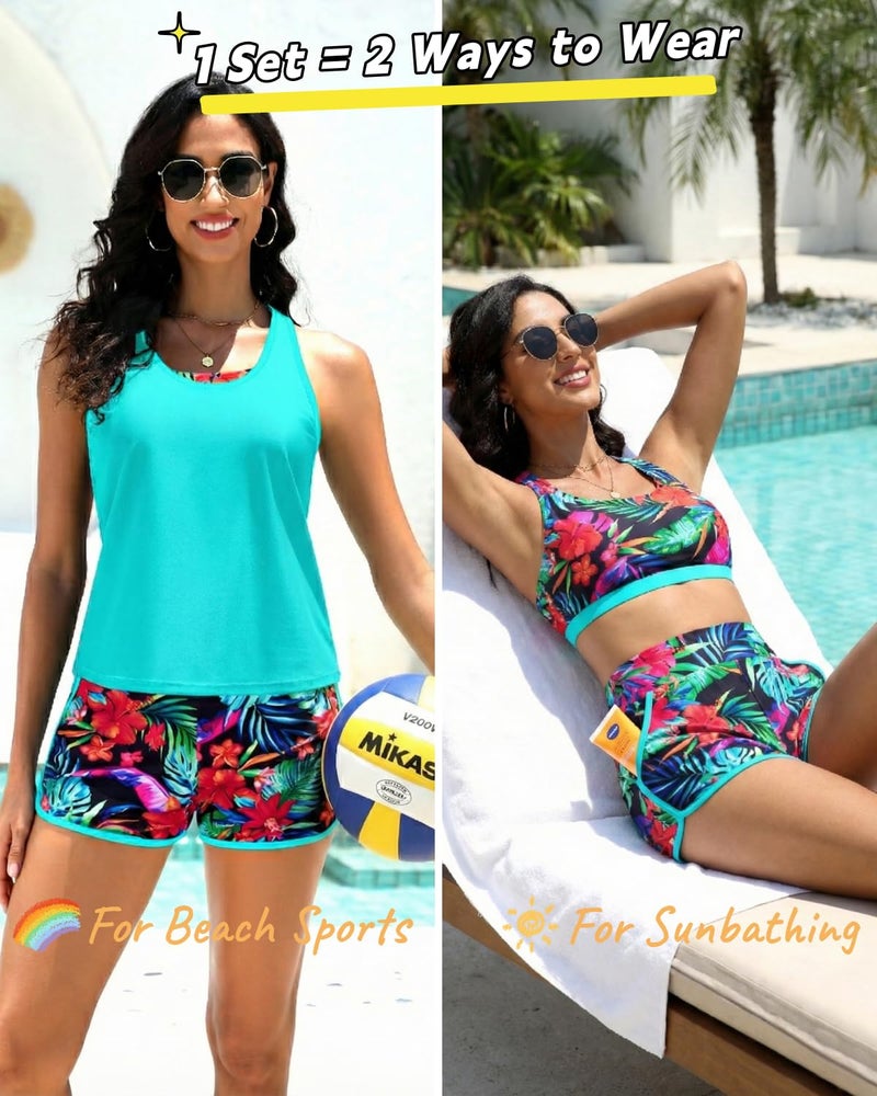 Talisea 3 Piece Tankini with Shorts - Modest Swimsuit Tummy Control Bathing Suits Athletic Sports Bra Swimwear with Pockets - Image 3