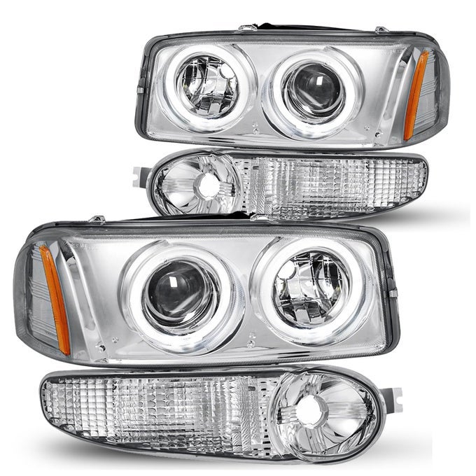 4Pcs Projector Led Halo Headlight Assembly Fit For 20012006 Gmc Yukon Denali Models Gmc Sierra 1500 Denali With Bumper Lights Pair Set Replacement Chrome Amber