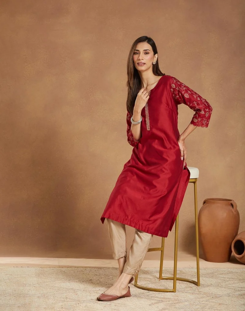 Fabindia Maroon Cotton Silk Embroidered Long Kurta