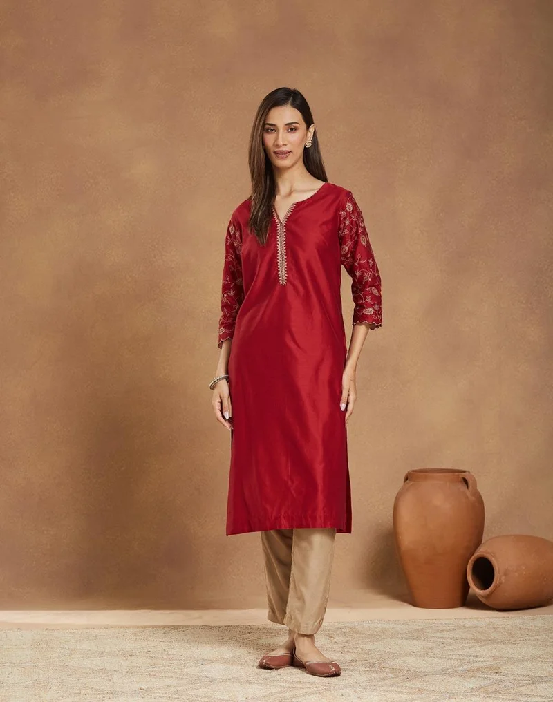 Fabindia Maroon Cotton Silk Embroidered Long Kurta