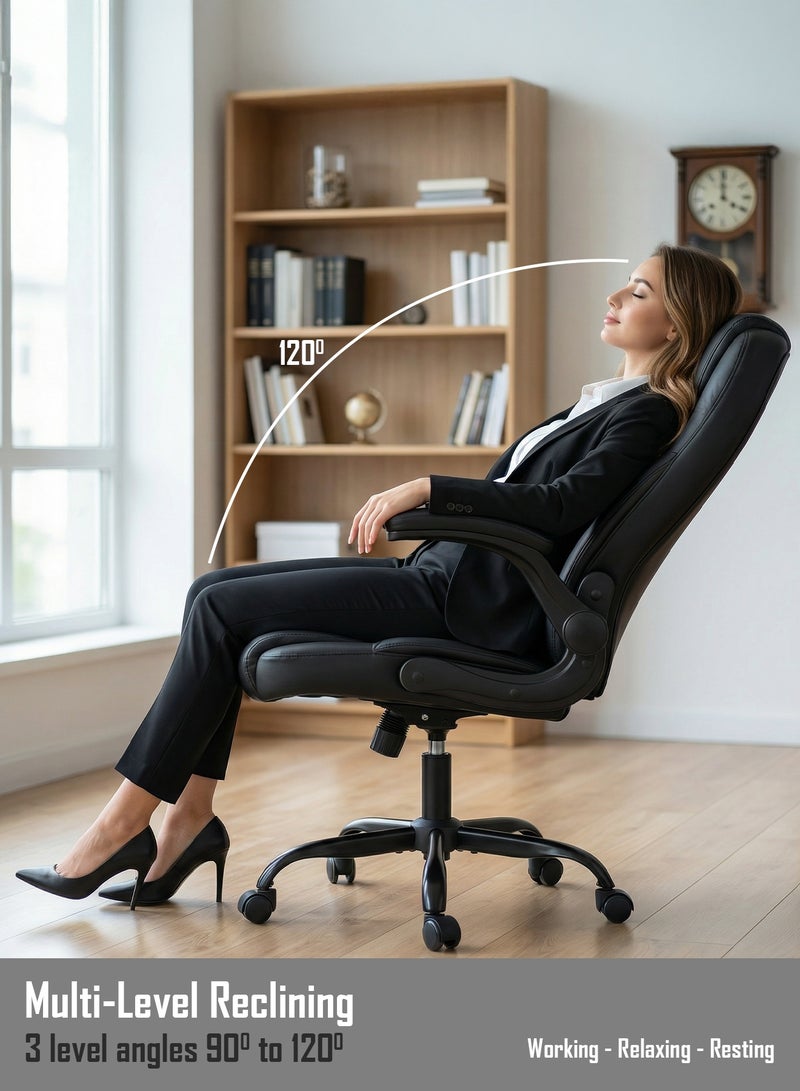 DROGO Ergonomic Office Chair for Work from Home | Computer Chair for Study | PU Leather Executive Boss Chair with Flip-Up Armrest, Cushion Seat & Lumbar Support | Heavy Duty Metal Base Desk Chair Black - Image 3