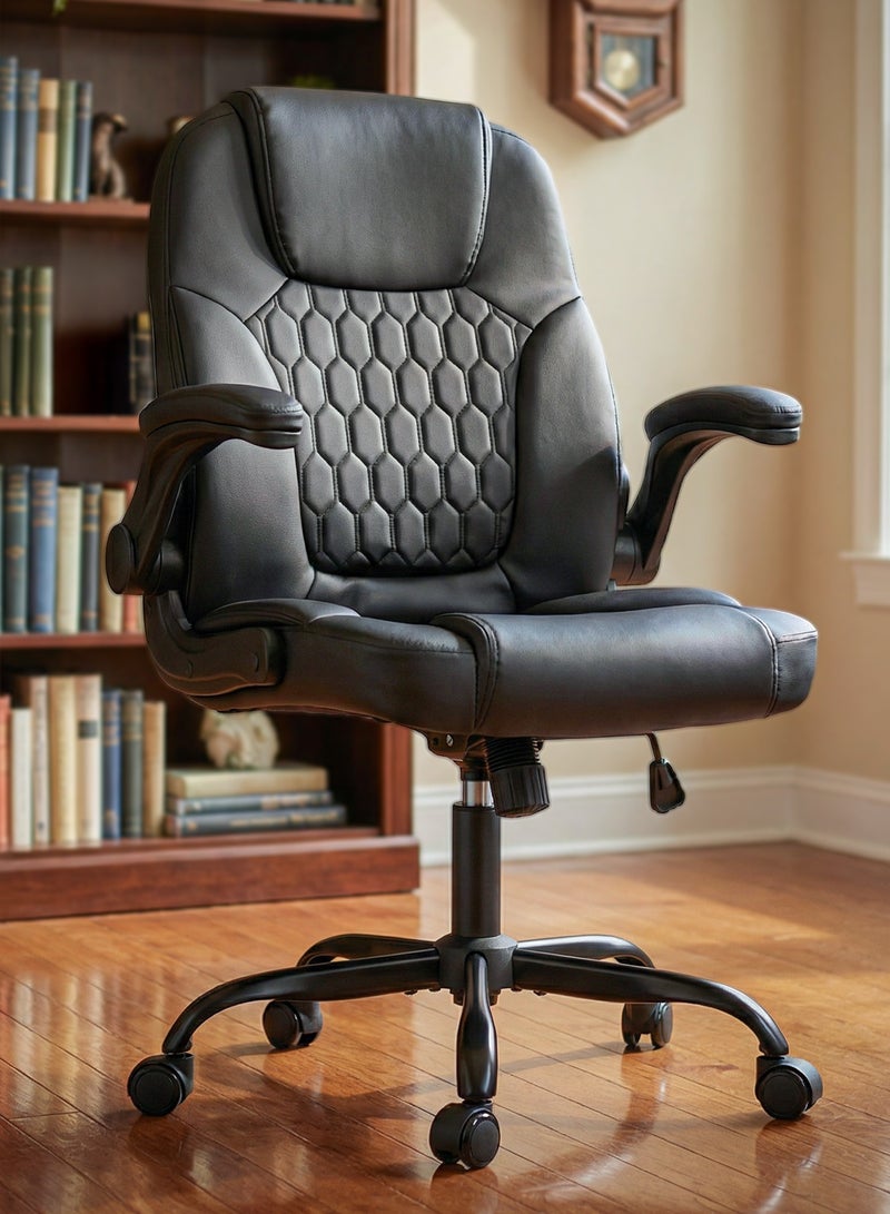 DROGO Ergonomic Office Chair for Work from Home | Computer Chair for Study | PU Leather Executive Boss Chair with Flip-Up Armrest, Cushion Seat & Lumbar Support | Heavy Duty Metal Base Desk Chair Black - Image 1