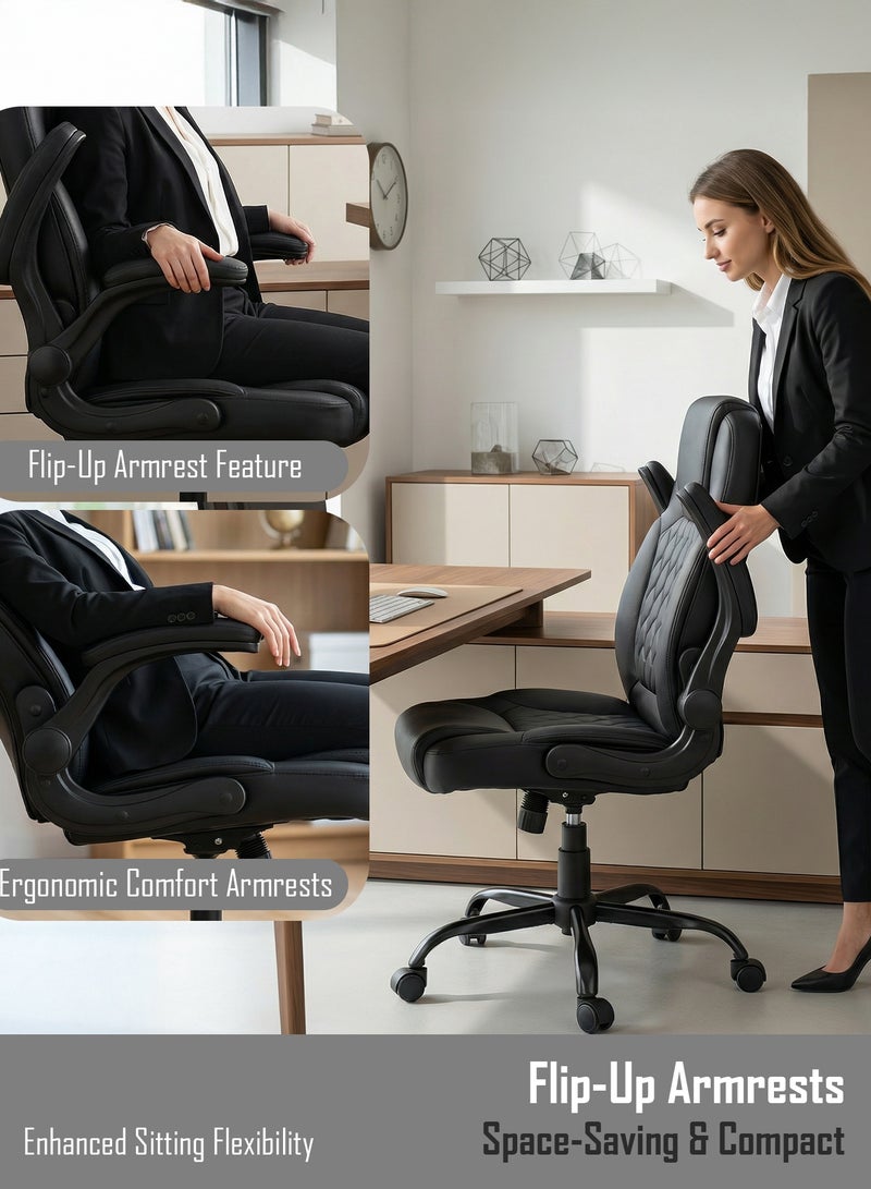 DROGO Ergonomic Office Chair for Work from Home | Computer Chair for Study | PU Leather Executive Boss Chair with Flip-Up Armrest, Cushion Seat & Lumbar Support | Heavy Duty Metal Base Desk Chair Black - Image 5