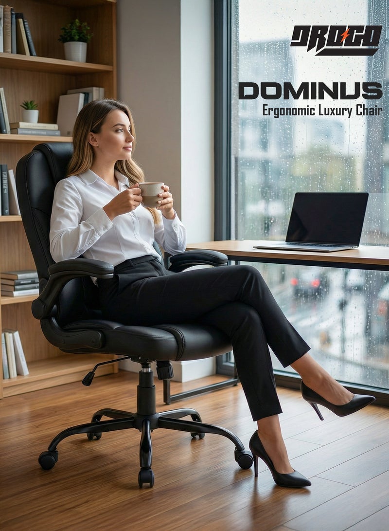 DROGO Ergonomic Office Chair for Work from Home | Computer Chair for Study | PU Leather Executive Boss Chair with Flip-Up Armrest, Cushion Seat & Lumbar Support | Heavy Duty Metal Base Desk Chair Black - Image 2