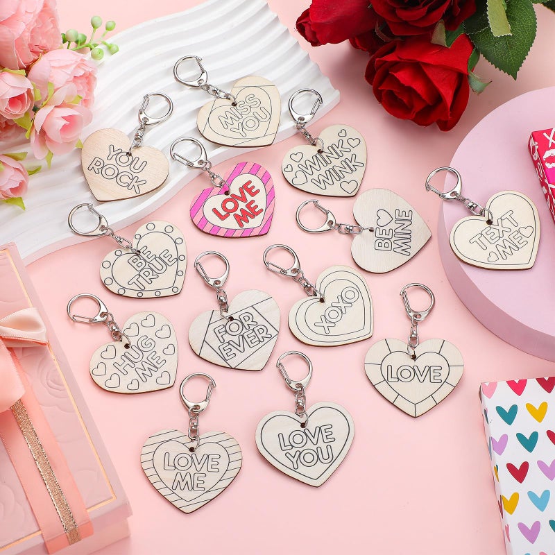 Memorywuu 24 Pcs Valentine Craft Conversation Keychains Gift Heart Color Your Own Keychains Bulk DIY Blank Unfinished Accent Love Wooden Craft for Valentine's Day Classroom Party, 12 Styles - Image 4
