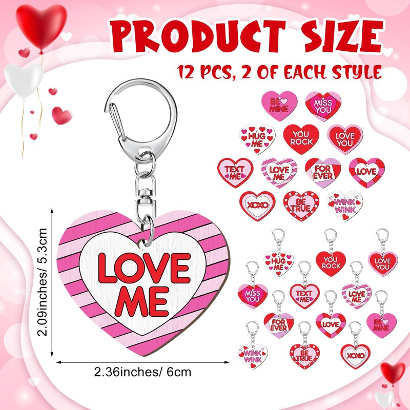 Memorywuu 24 Pcs Valentine Craft Conversation Keychains Gift Heart Color Your Own Keychains Bulk DIY Blank Unfinished Accent Love Wooden Craft for Valentine's Day Classroom Party, 12 Styles - Image 2