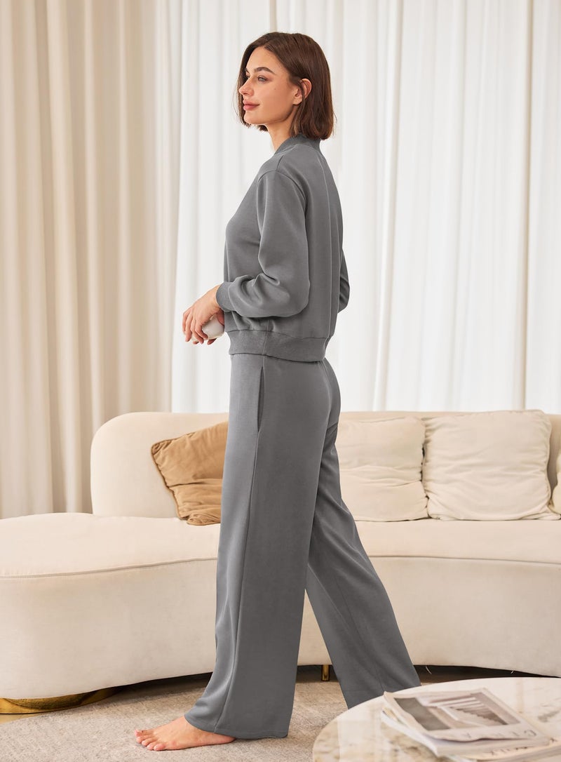 Yanekop Womens Sweatsuits 2 Piece Outfit Two Piece Lounge Set Matching Sweat Sets Half Zip Pullover and Wide Leg Pants(Grey,L) - Image 4