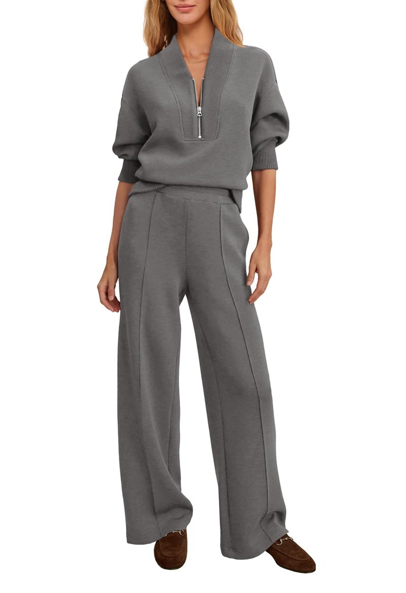 Yanekop Womens Sweatsuits 2 Piece Outfit Two Piece Lounge Set Matching Sweat Sets Half Zip Pullover and Wide Leg Pants(Grey,L) - Image 1