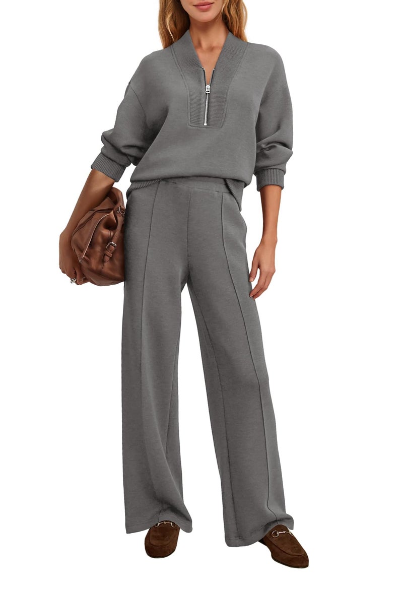 Yanekop Womens Sweatsuits 2 Piece Outfit Two Piece Lounge Set Matching Sweat Sets Half Zip Pullover and Wide Leg Pants(Grey,L) - Image 2