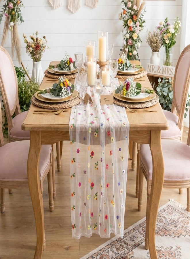 SoarDream Floral Table Runner White Boho Table Runners 10FT 1PC Gauze Embroidery Daisy Fabric for Home Party Birthday Table Decorations - Image 5