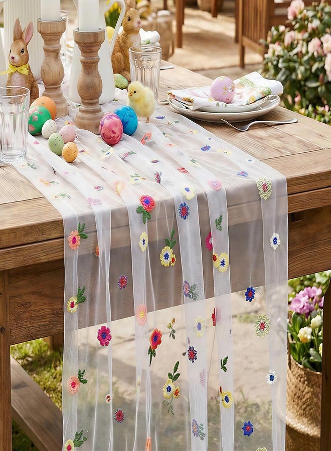 SoarDream Floral Table Runner White Boho Table Runners 10FT 1PC Gauze Embroidery Daisy Fabric for Home Party Birthday Table Decorations - Image 1