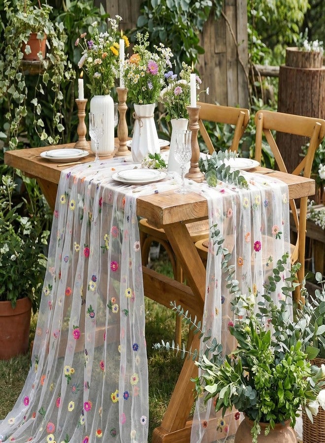 SoarDream Floral Table Runner White Boho Table Runners 10FT 1PC Gauze Embroidery Daisy Fabric for Home Party Birthday Table Decorations - Image 2