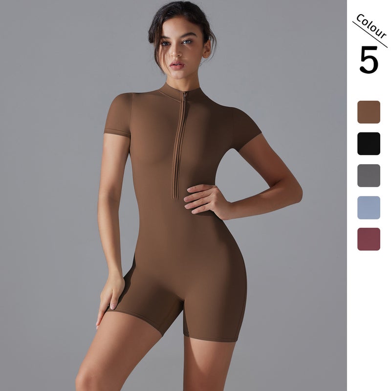 New Summer Zipper Short-Sleeved Shorts Yoga Jumpsuit Women'S Dance Fitness Tight Sports Jumpsuit - Image 2