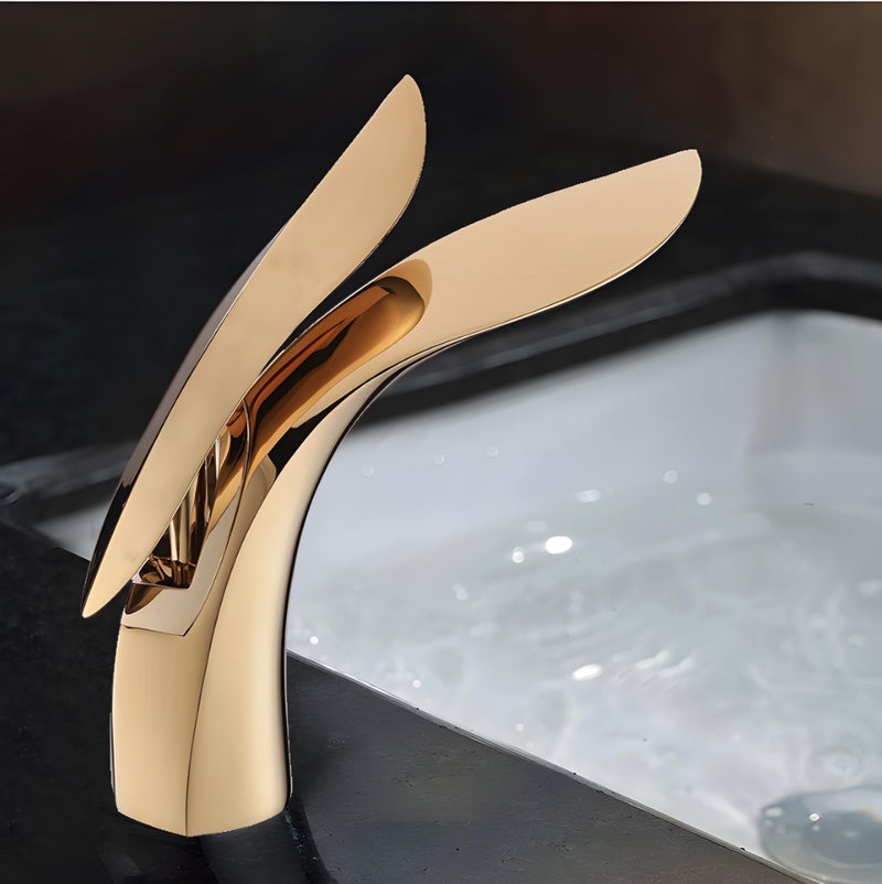 24x7 eMall Gold Basin Tap Faucet Mixer for Bathroom Toilet Wash Basins Hot and Cold Water (Without pop-up) (Golden Leaf) 18.5 cm Height - Image 1