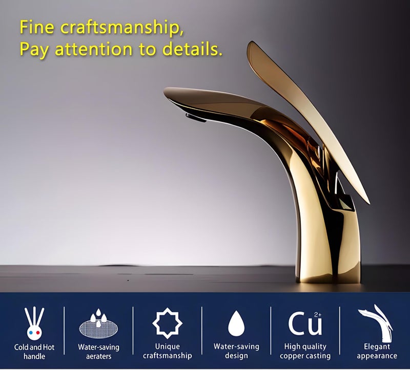 24x7 eMall Gold Basin Tap Faucet Mixer for Bathroom Toilet Wash Basins Hot and Cold Water (Without pop-up) (Golden Leaf) 18.5 cm Height - Image 3