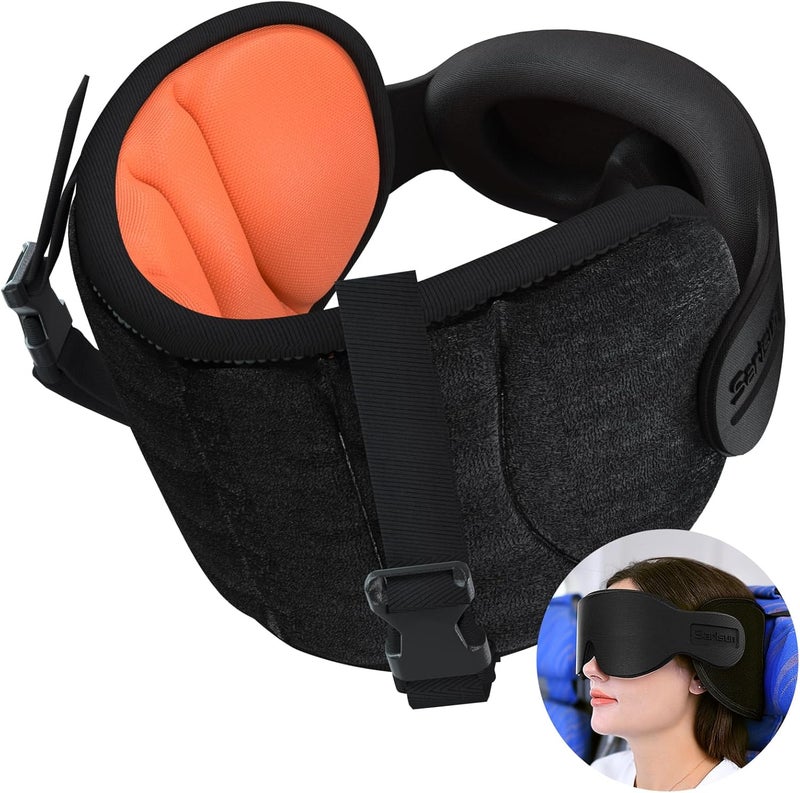 SARISUN Travel Pillows for Airplanes, Airplane Pillow for Long Flight, Airplane Head Strap with Eye Mask for Sleep, Travel Neck Pillow for Car Road Trip, 360° Support Headrest, Stop Bobblehead, Orange - Image 1