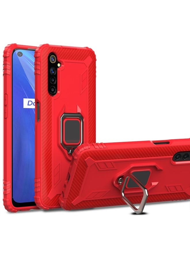HuHa Case Cover For Realme 6S Carbon Fiber Protective Case with 360 Degree Rotating Ring Holder Red 