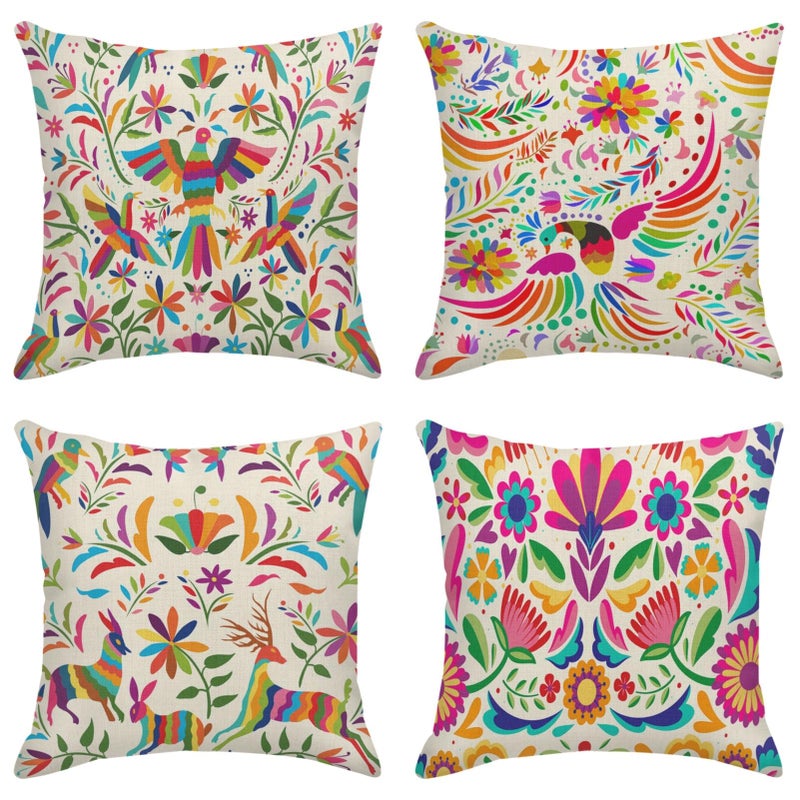 Sanwarm Throw Pillow Covers Home Decor Set of 4 Pillow Cases Decorative 18 x 18 Inches Cushion Couch Sofa Pillowcases Mexican Colorful Ethnic Birds Flowers