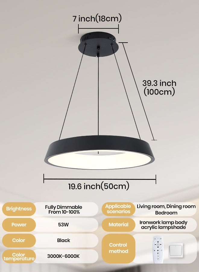 YATAI LIGHTING Black Round LED Chandelier, 53W Dimmable Pendant with Remote, Adjustable Height, 3 Color 3000K to 6000K Wall Switch Control, Modern Minimalist Ceiling Light for Bedroom and Living Areas,50cm - Image 2