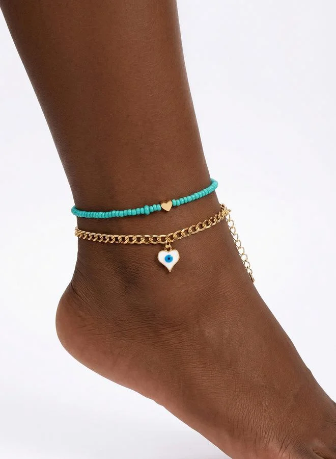 Take Two Set of 2 - Beaded Heart-Shaped Eye Anklet