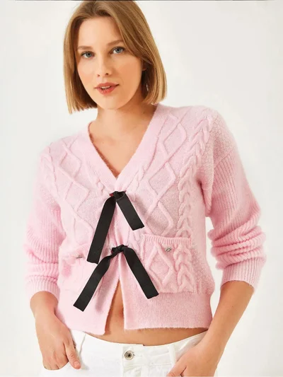 Bianco Lucci LUCCI Textured V-Neck Cropped Cardigan with Pompom