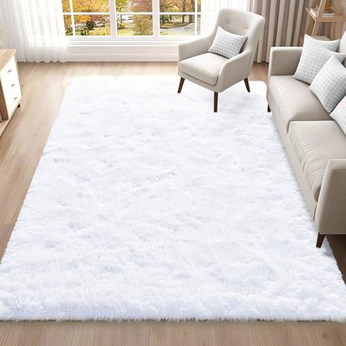 ISEAU Fluffy Rug Carpets Soft Shaggy Area Rugs Indoor Floor Mats for Kids Room Fuzzy Carpet Comfy Cute Nursery Mat Bedside Rug for Boys Girls Bedroom Living Room Home Decor Mat 5ft x 8ft White