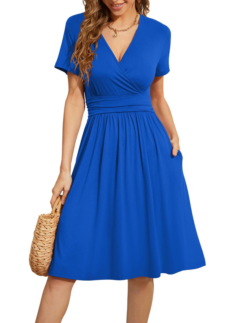 WEACZZY Casual Dresses for Women Wrap V Neck Party Work Dress Short Sleeve Empire Waist Knee Length Flowy Dresses,Royal Blue,M - Image 1