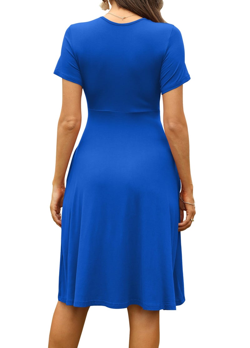 WEACZZY Casual Dresses for Women Wrap V Neck Party Work Dress Short Sleeve Empire Waist Knee Length Flowy Dresses,Royal Blue,M - Image 4