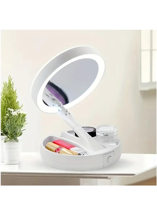 10X Magnifying LED Makeup Mirror With Light, Simple Foldable Stand With Storage Function Lighted Vanity Makeup Double Sided Mirror For Household, Beauty Gift For Women