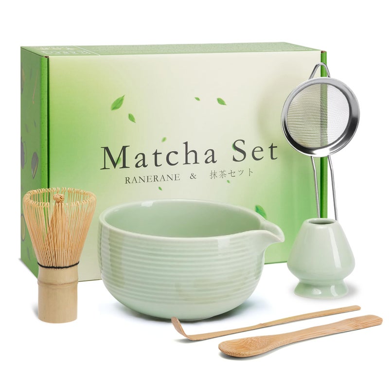 RANERANE Matcha Whisk and Bowl with Ceramic Matcha Whisk Holder,Matcha Sifter, Matcha Spoon and Scoop Handmade from Natural Bamboo,Matcha Making Kit Cyan - Image 1