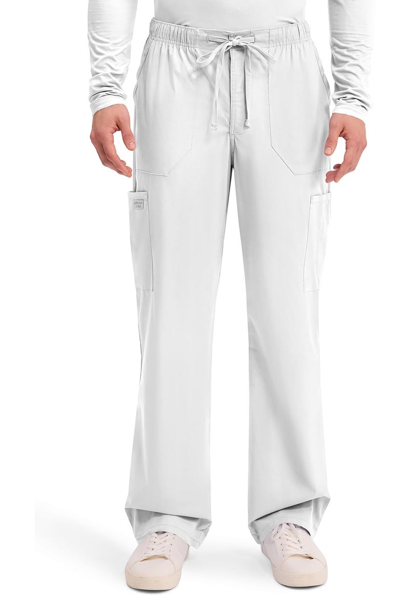 Cherokee Scrubs for Men Tapered Leg Cargo Scrub Pants with Zip Fly, 5 Pockets Elastic Waist 2-Way Stretch & Easy Care - WW190, S Tall, White