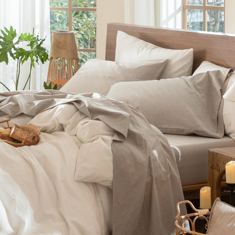 MooMee Bedding Sheet Set 100 Washed Cotton Linen Like Textured Breathable Durable Soft Comfy Heathered Tannish Linen Grey King