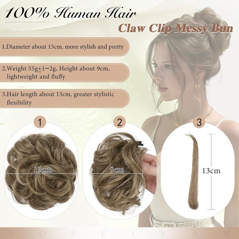 SOFEIYAN Hairpieces Real Hair Knot,Curly Messy Bun Hairpiece with Clamp,Wavy Curls Clip Bun Hair Extensions for Women,56g Clip in Claw Hair Scrunchies,4/613# - Image 2