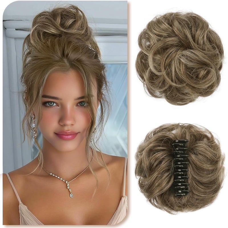 SOFEIYAN Hairpieces Real Hair Knot,Curly Messy Bun Hairpiece with Clamp,Wavy Curls Clip Bun Hair Extensions for Women,56g Clip in Claw Hair Scrunchies,4/613# - Image 1