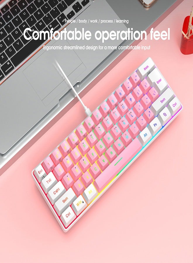 Wired 61-key film keyboard White and pink design mini gaming keyboard Simple mechanical feel laptop desktop - Image 1