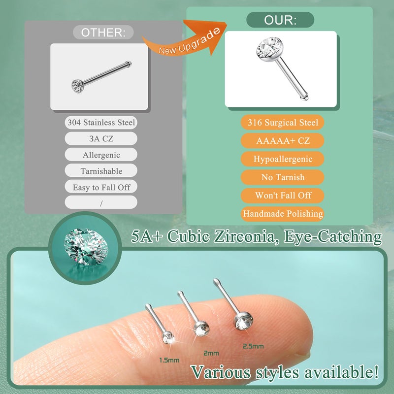 THUNARAZ 60pcs Stainless Steel Nose Studs Rings Piercing Pin Body Jewelry 22G 1.5mm 2mm 2.5mm White - Image 5