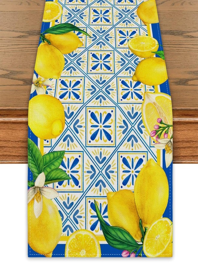 Yarcooly Summer Lemon Table Runner Spring Italian Lemons Table Cover Italy Blue Tiles Lemon Decor Cyan-Blue Tile Burlap Artificial Lemon Fruit Farmhouse Lemon Decorations for Simple Life Home Party - Image 1