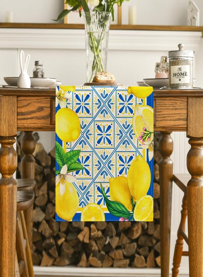 Yarcooly Summer Lemon Table Runner Spring Italian Lemons Table Cover Italy Blue Tiles Lemon Decor Cyan-Blue Tile Burlap Artificial Lemon Fruit Farmhouse Lemon Decorations for Simple Life Home Party - Image 3