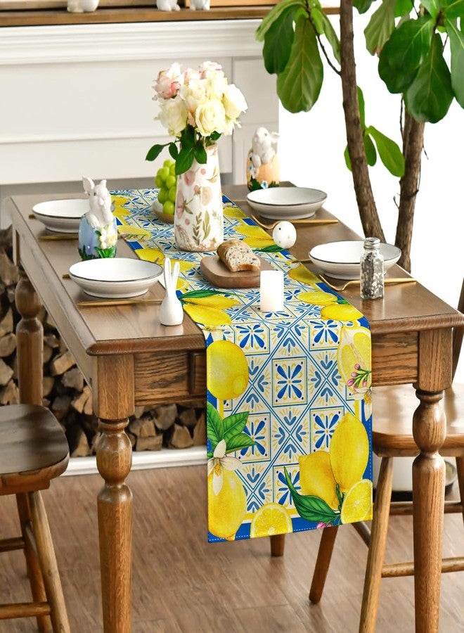 Yarcooly Summer Lemon Table Runner Spring Italian Lemons Table Cover Italy Blue Tiles Lemon Decor Cyan-Blue Tile Burlap Artificial Lemon Fruit Farmhouse Lemon Decorations for Simple Life Home Party - Image 2