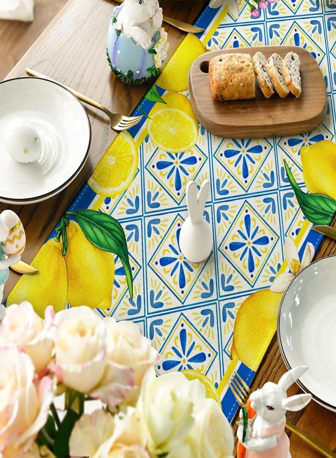 Yarcooly Summer Lemon Table Runner Spring Italian Lemons Table Cover Italy Blue Tiles Lemon Decor Cyan-Blue Tile Burlap Artificial Lemon Fruit Farmhouse Lemon Decorations for Simple Life Home Party - Image 4