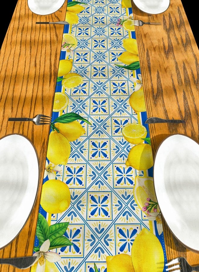 Yarcooly Summer Lemon Table Runner Spring Italian Lemons Table Cover Italy Blue Tiles Lemon Decor Cyan-Blue Tile Burlap Artificial Lemon Fruit Farmhouse Lemon Decorations for Simple Life Home Party - Image 5