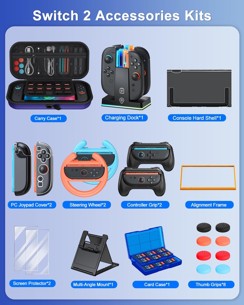 FYOUNG Switch 2 Accessories, Case Bundle for Nintendo Switch 2 2025 Console,[Charge Inside]FYOUNG 23 IN 1 Kit:Carrying Case,Controller Charger,Protective Shell,Grip for Joycon, Steering Wheel -Blue - Image 2