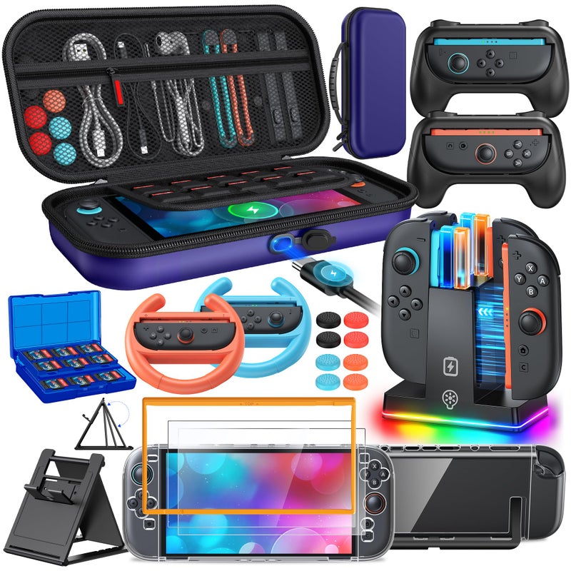 FYOUNG Switch 2 Accessories, Case Bundle for Nintendo Switch 2 2025 Console,[Charge Inside]FYOUNG 23 IN 1 Kit:Carrying Case,Controller Charger,Protective Shell,Grip for Joycon, Steering Wheel -Blue - Image 1