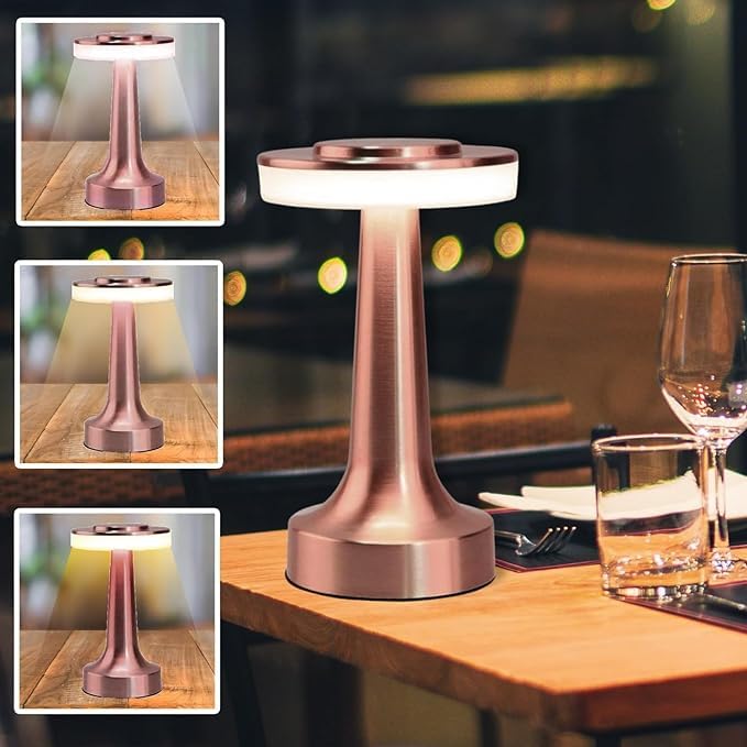 LOMESH Rechargeable Rose Gold Metal LED Table Lamp with Touch Sensor 3 Levels Brightness Cozy Warm Lighting Ideal Bedside Lamp or Night Light for Kids Nursery Rose Gold - Image 1