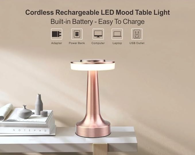 LOMESH Rechargeable Rose Gold Metal LED Table Lamp with Touch Sensor 3 Levels Brightness Cozy Warm Lighting Ideal Bedside Lamp or Night Light for Kids Nursery Rose Gold - Image 2