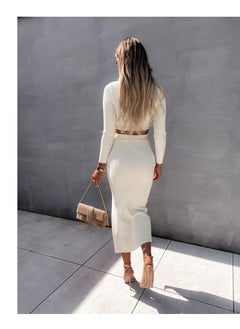Loquat Women's New Solid Color Thread Long Sleeve Fashion Slit Long Skirt Two-Piece Set  - Image 2