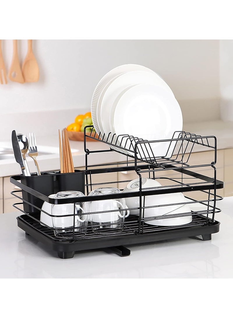 Occuwzz 2 Tier Cutlery Drying Rack Over the Sink Dish Drying Stand With Drainer Stainless Steel Drainer Set Utensil Holder and Cup Holder Compact for Kitchen Counter Black - Image 1