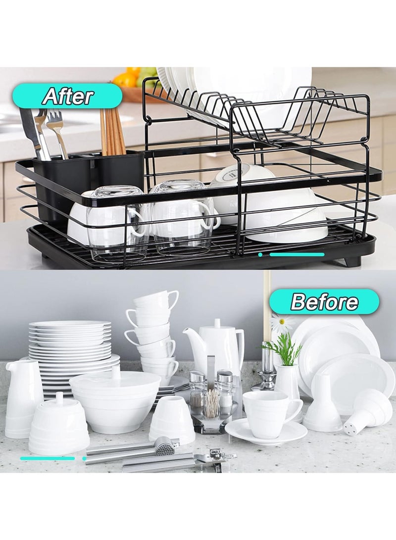 Occuwzz 2 Tier Cutlery Drying Rack Over the Sink Dish Drying Stand With Drainer Stainless Steel Drainer Set Utensil Holder and Cup Holder Compact for Kitchen Counter Black - Image 4
